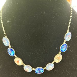ROYAL BLUE  LIGHT BLUE AND CLEAR RHINESTONE SILVER NECKLACE